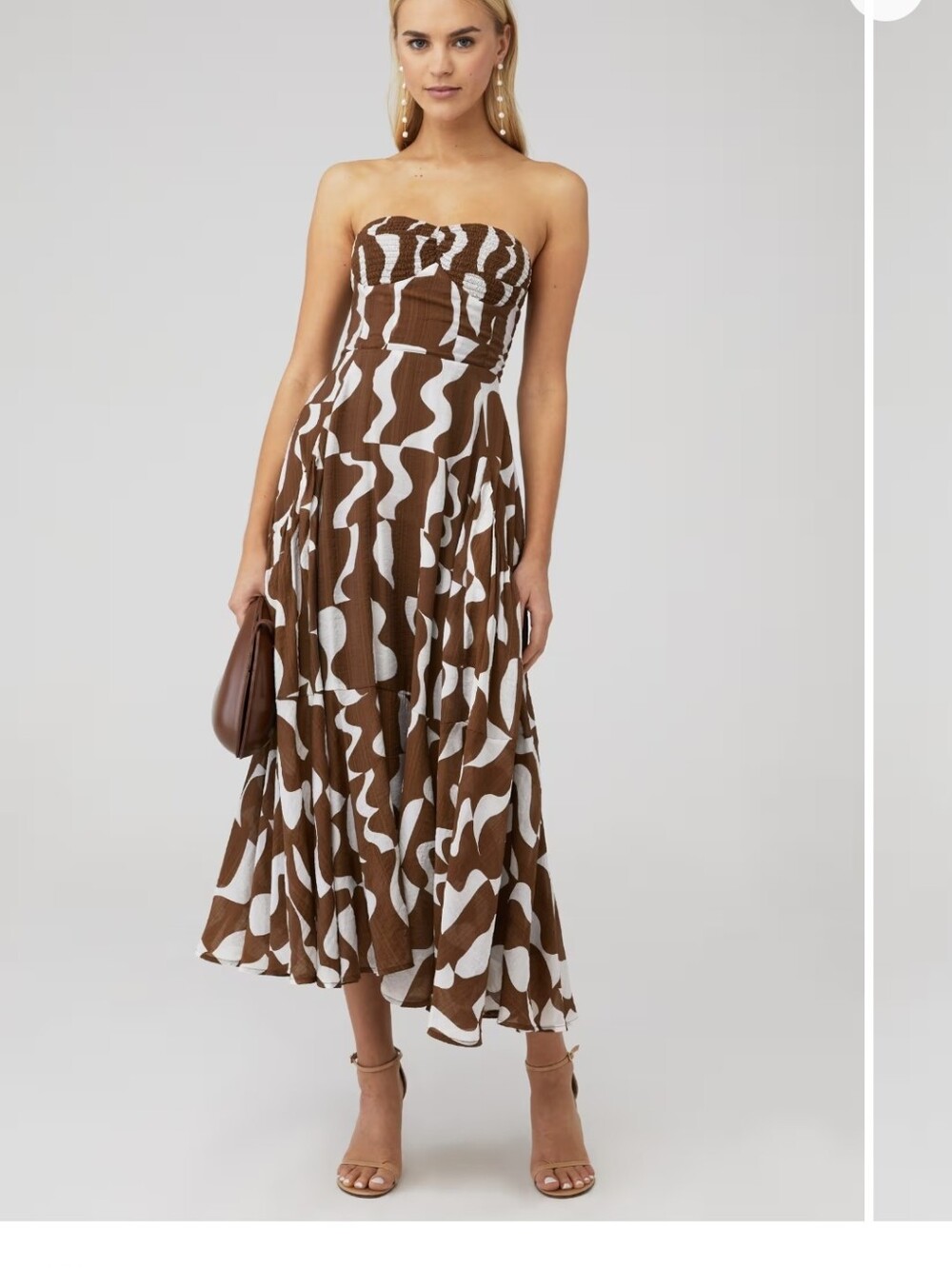 ASTR Brown & White Strapless Abstract Midi Dress